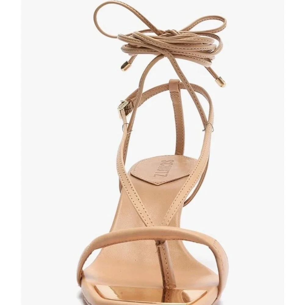 New SCHUTZ Beige Vikki Lace Up Square Thong Toe Stiletto Sandals Brazil US 9.5B - Picture 7 of 9